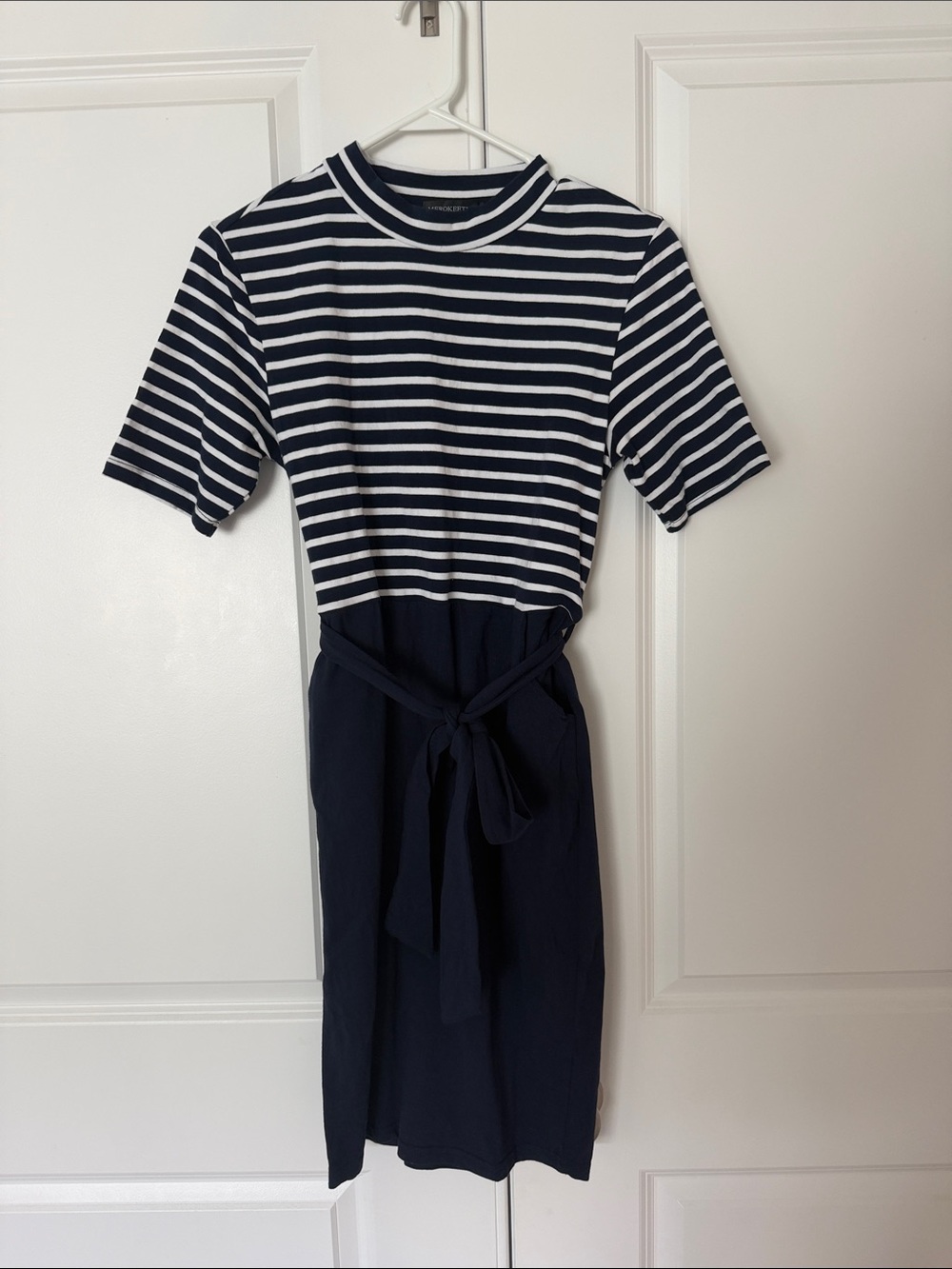 Striped Navy and White Belted Midi Dress